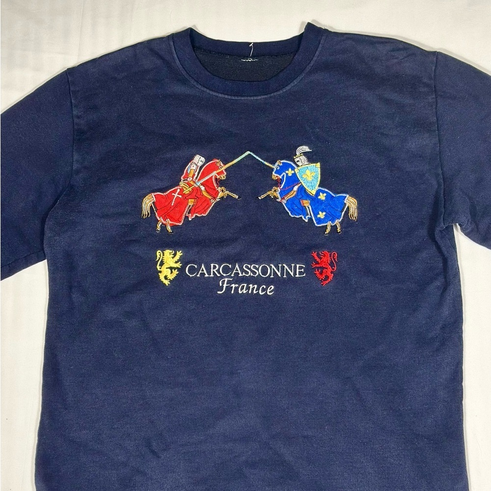 Navy Blue Knight Horse Embroidered  Crewneck France Sweatshirt - Picture 2 of 4